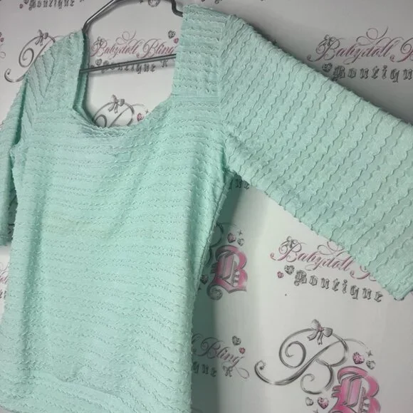 Tropical summer top 3d ruffle frilly square neckline stretchy aqua blue comfy - Picture 3 of 8